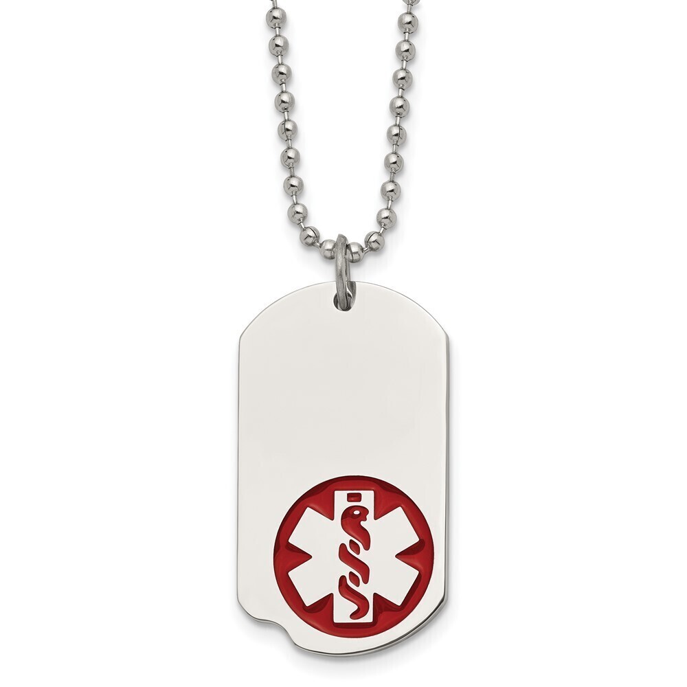 Kazi Luxury Steel Red Enamel Medical ID Dog Tag on a 22in Ball Chain Necklace
